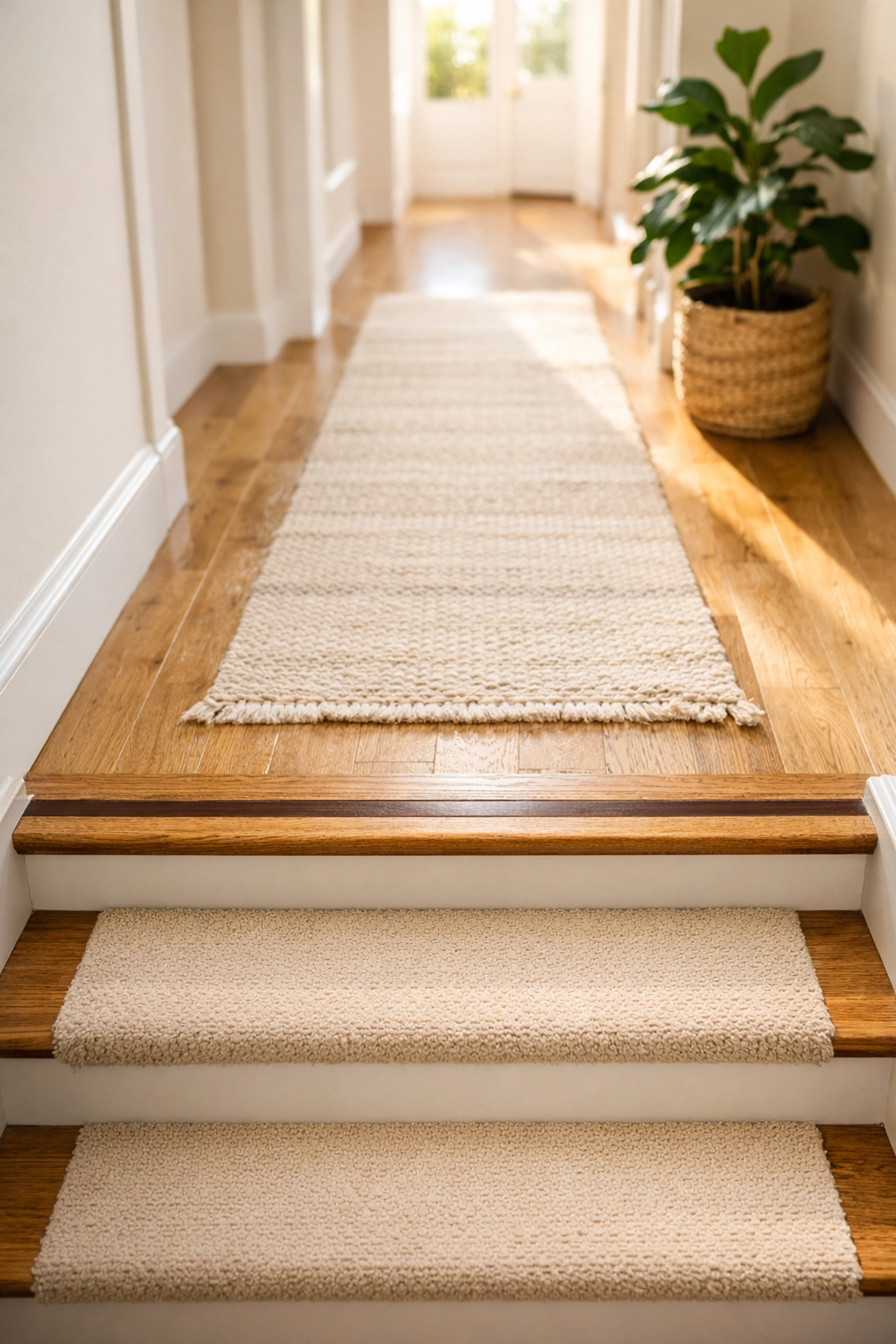 View down a staircase showing a high-contrast bottom step for better visibility and landing safety.