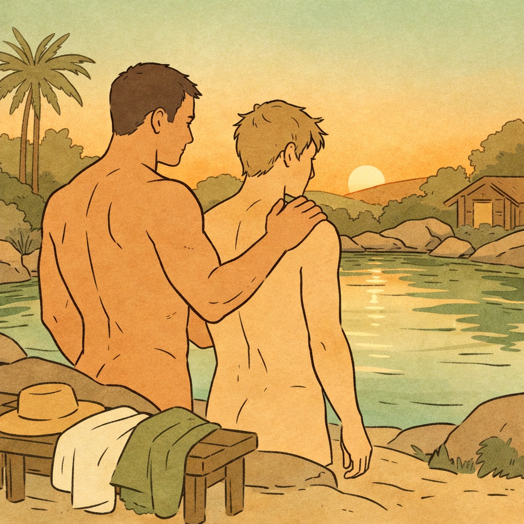Two men at naturist resort pool in gay romance story about body acceptance and vulnerability