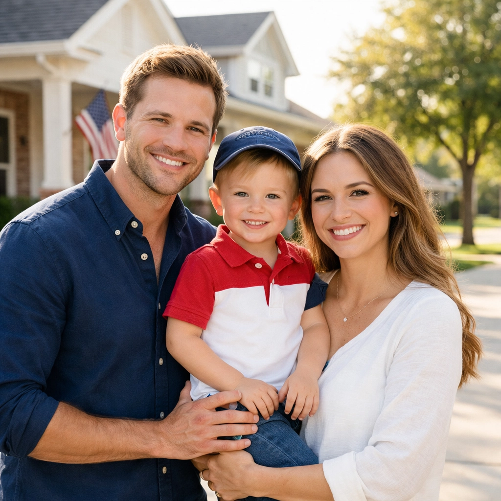 Texas family standing in front of their suburban home, demonstrating the legacy of a good credit score.