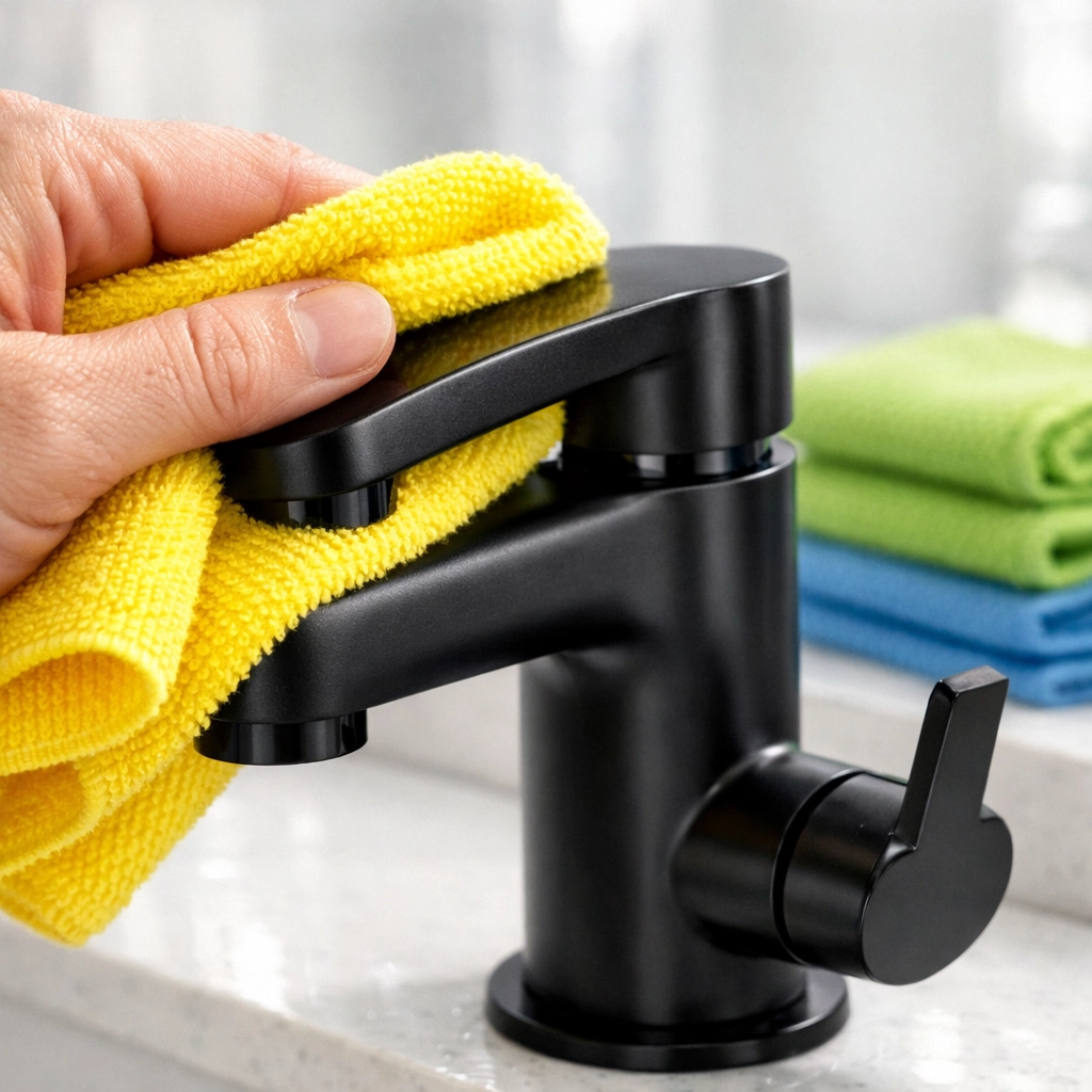 Close-up of color-coded cleaning for a bathroom faucet during a professional make-ready turnover.