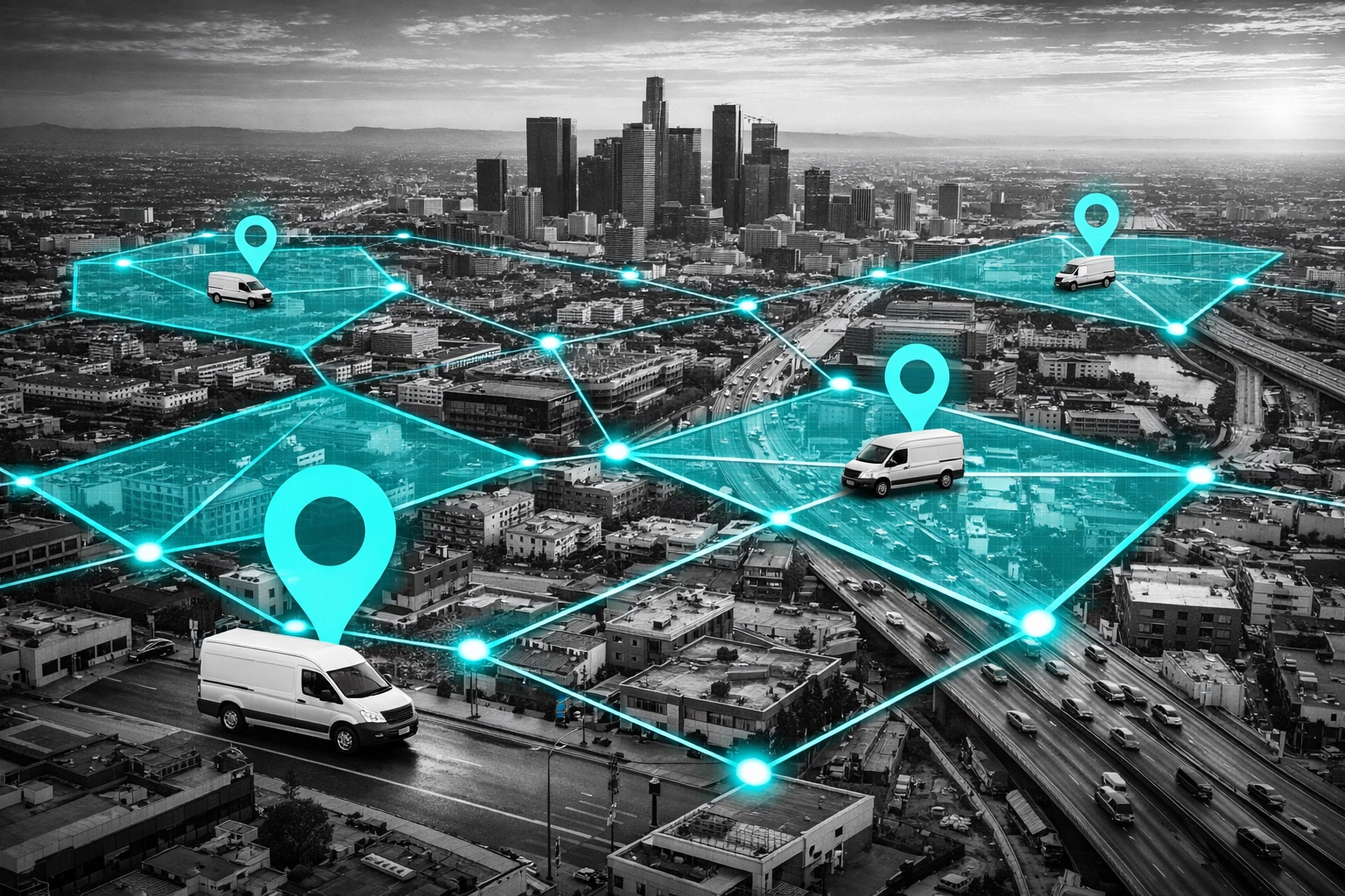 Aerial view of service vans highlighting multi-location LSA strategies for contractors.