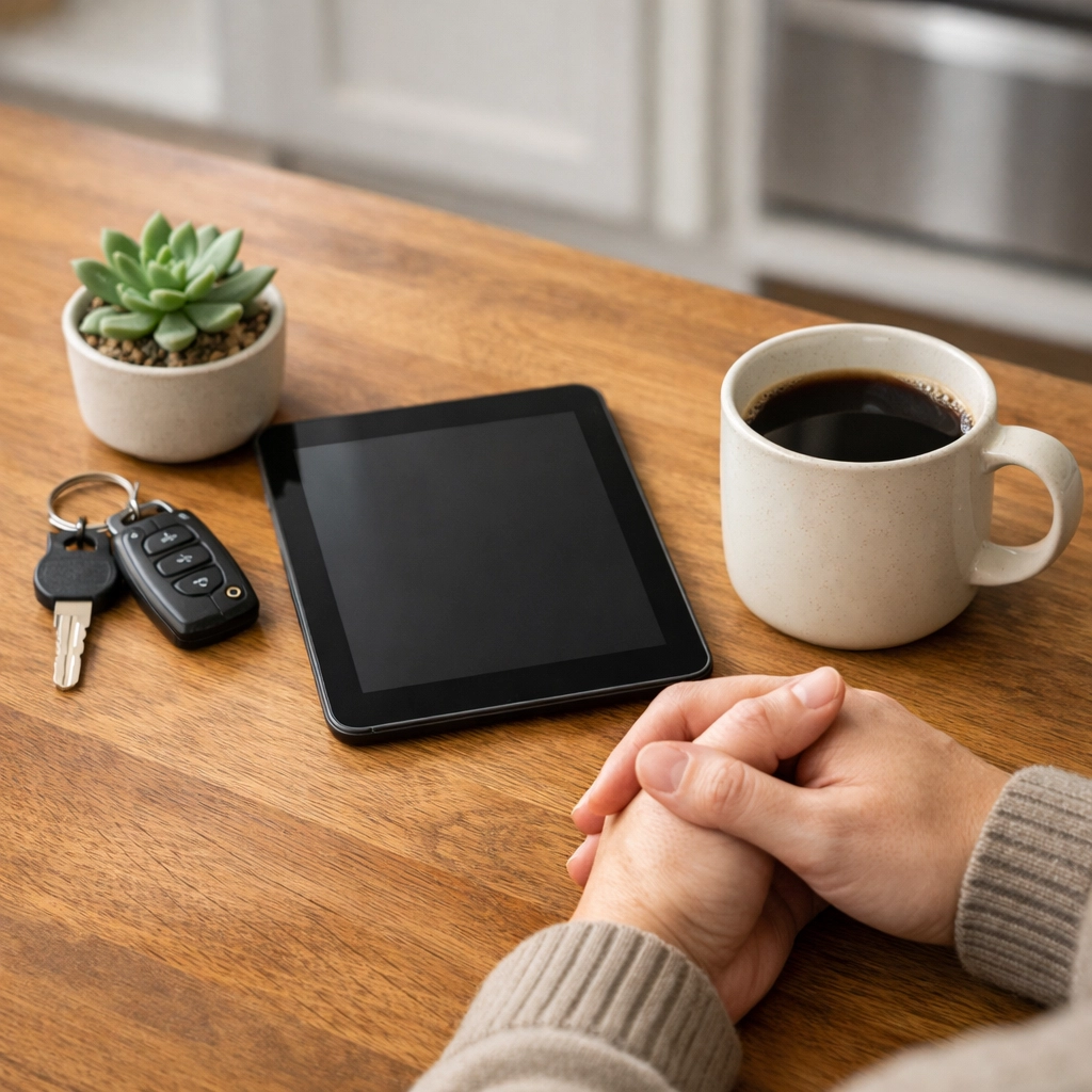 Hands near car keys and a tablet after securing an installment loan in Canada for vehicle repairs.