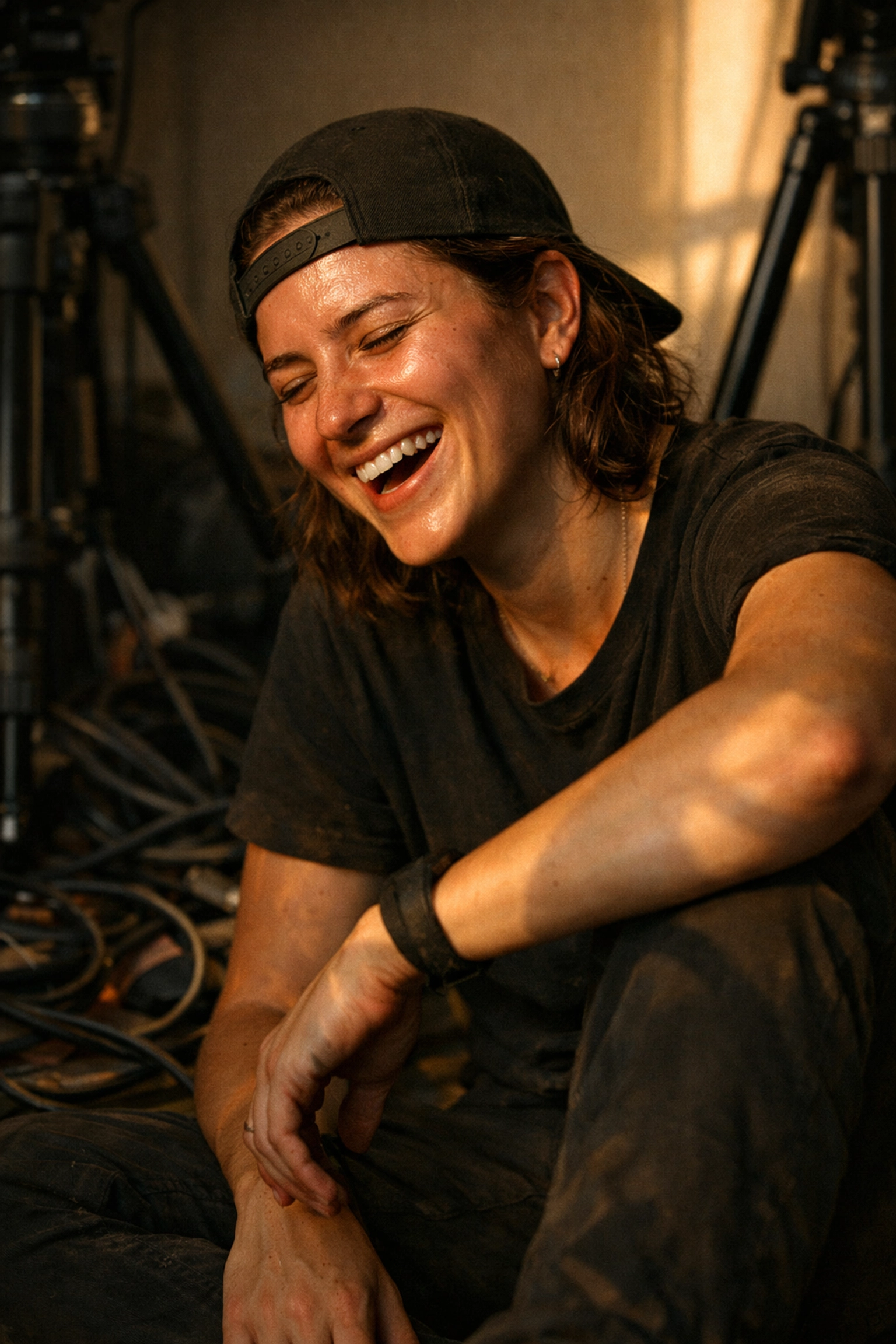 A content creator laughing among camera gear, representing authenticity and emotional connection in vlogs.