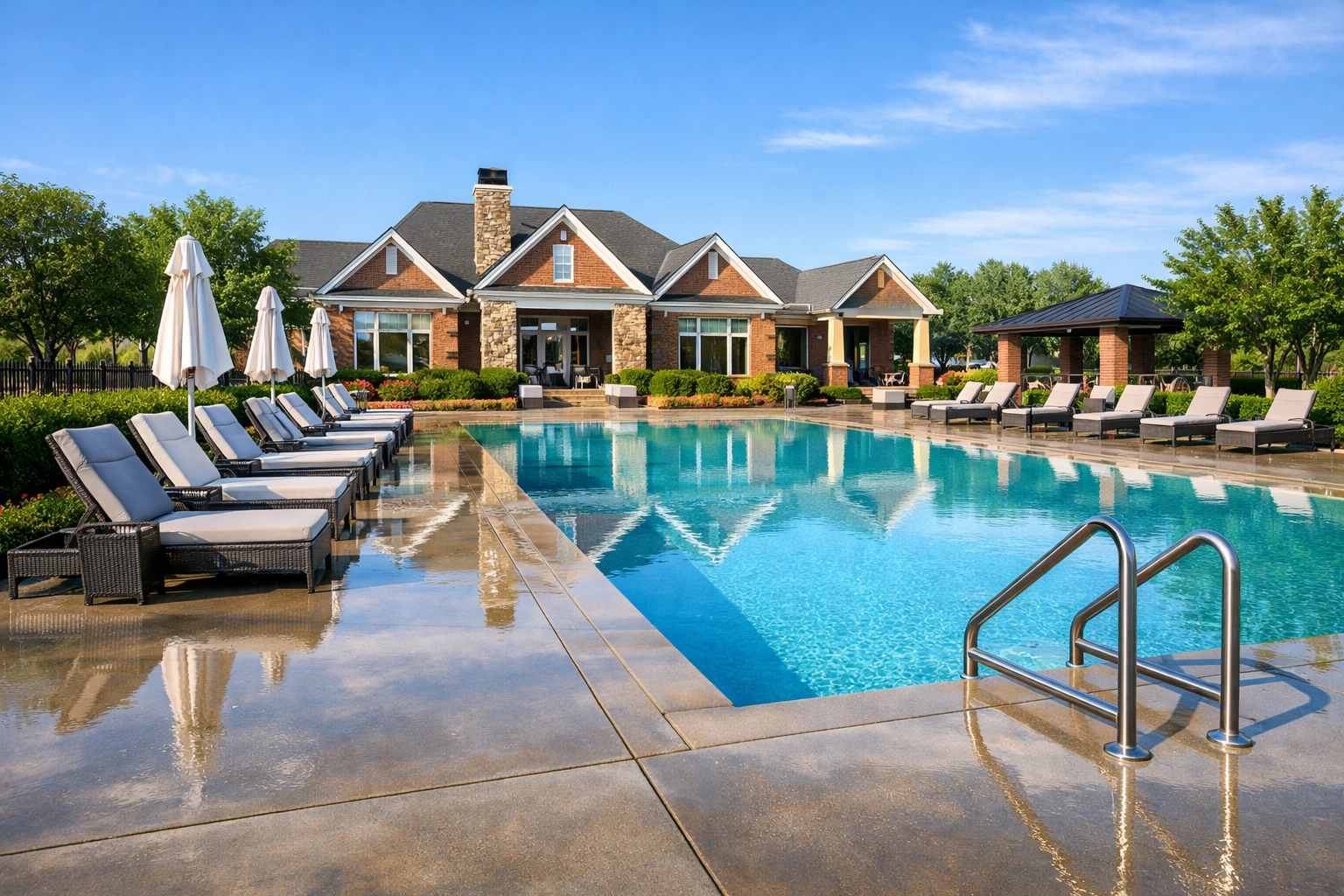 Sparkling luxury HOA pool with a professionally pressure washed concrete deck in Nashville.