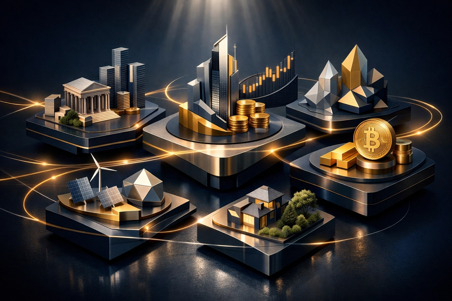 Interconnected alternative investment asset classes including private equity and real estate