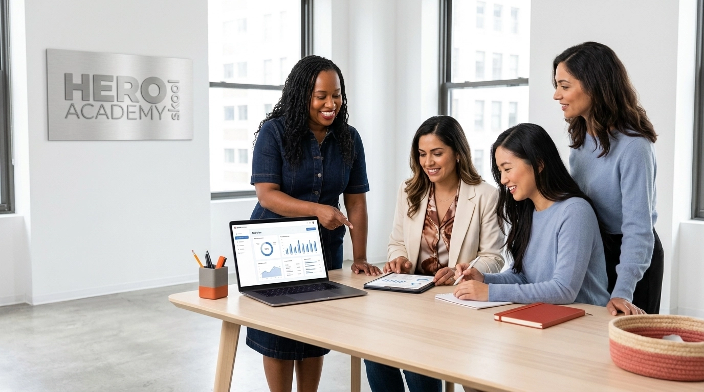 Diverse women entrepreneurs collaborating on AI tools in a modern office