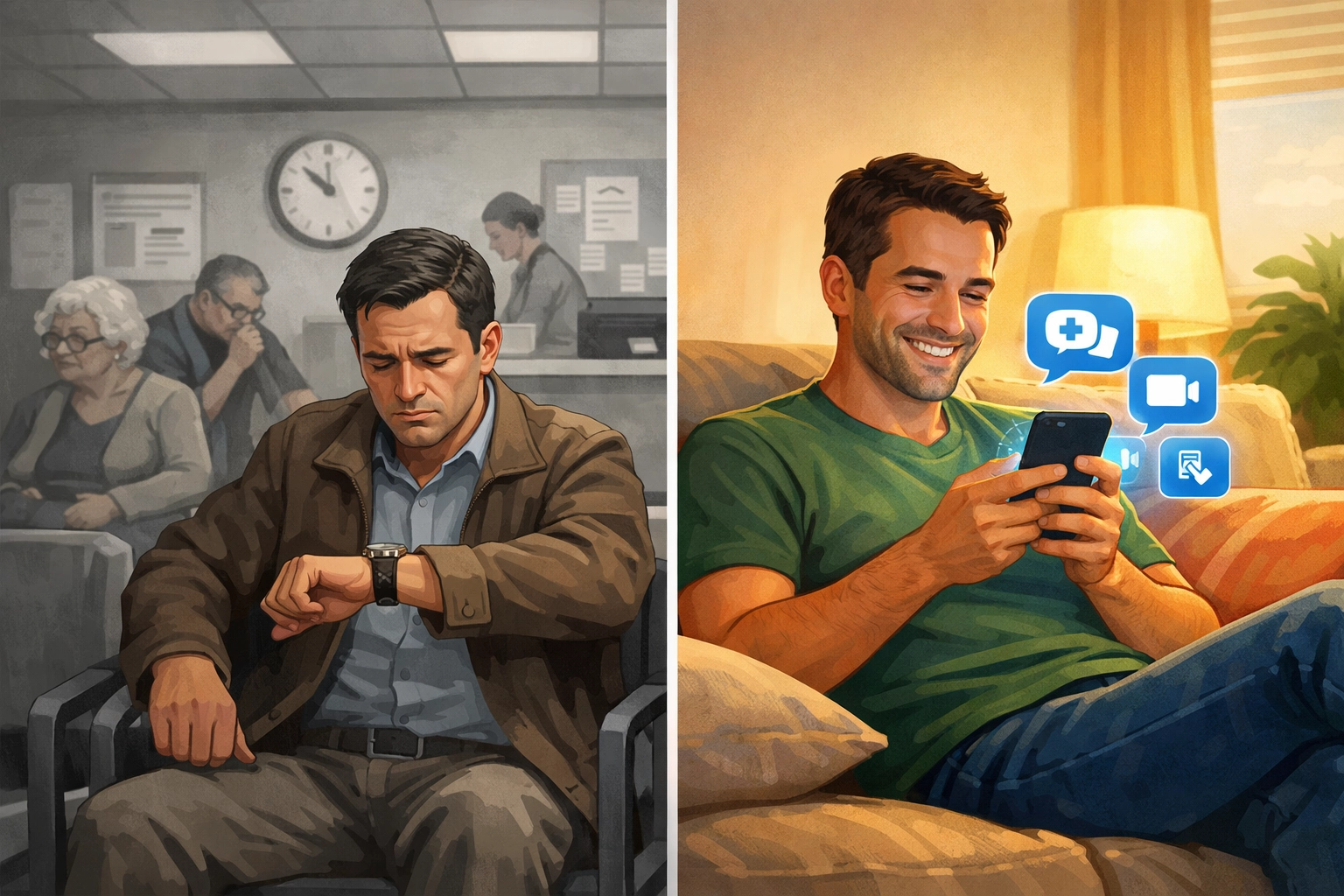 Traditional waiting room versus convenient online doctor consultation from home