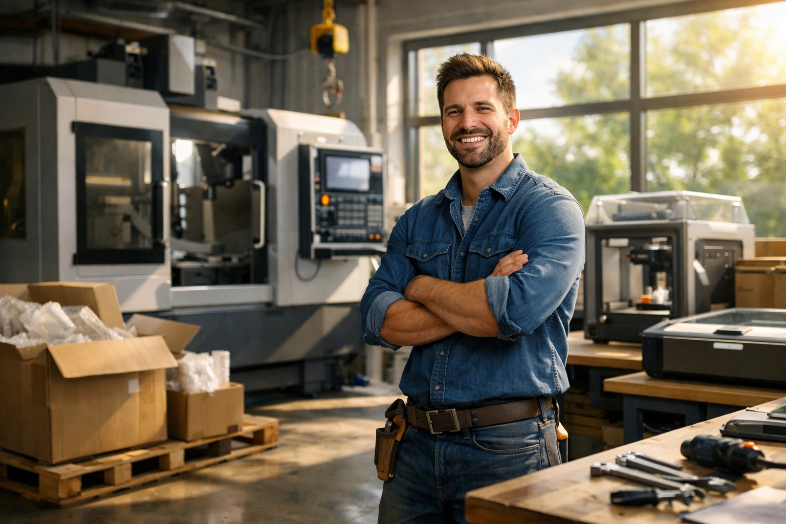 Small business owner with upgraded equipment in a modern workshop