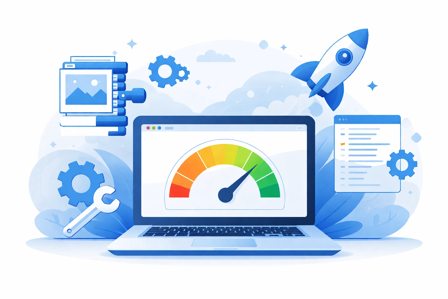 Laptop displaying fast website speed and optimization icons, highlighting the importance of quick page load times for ranking