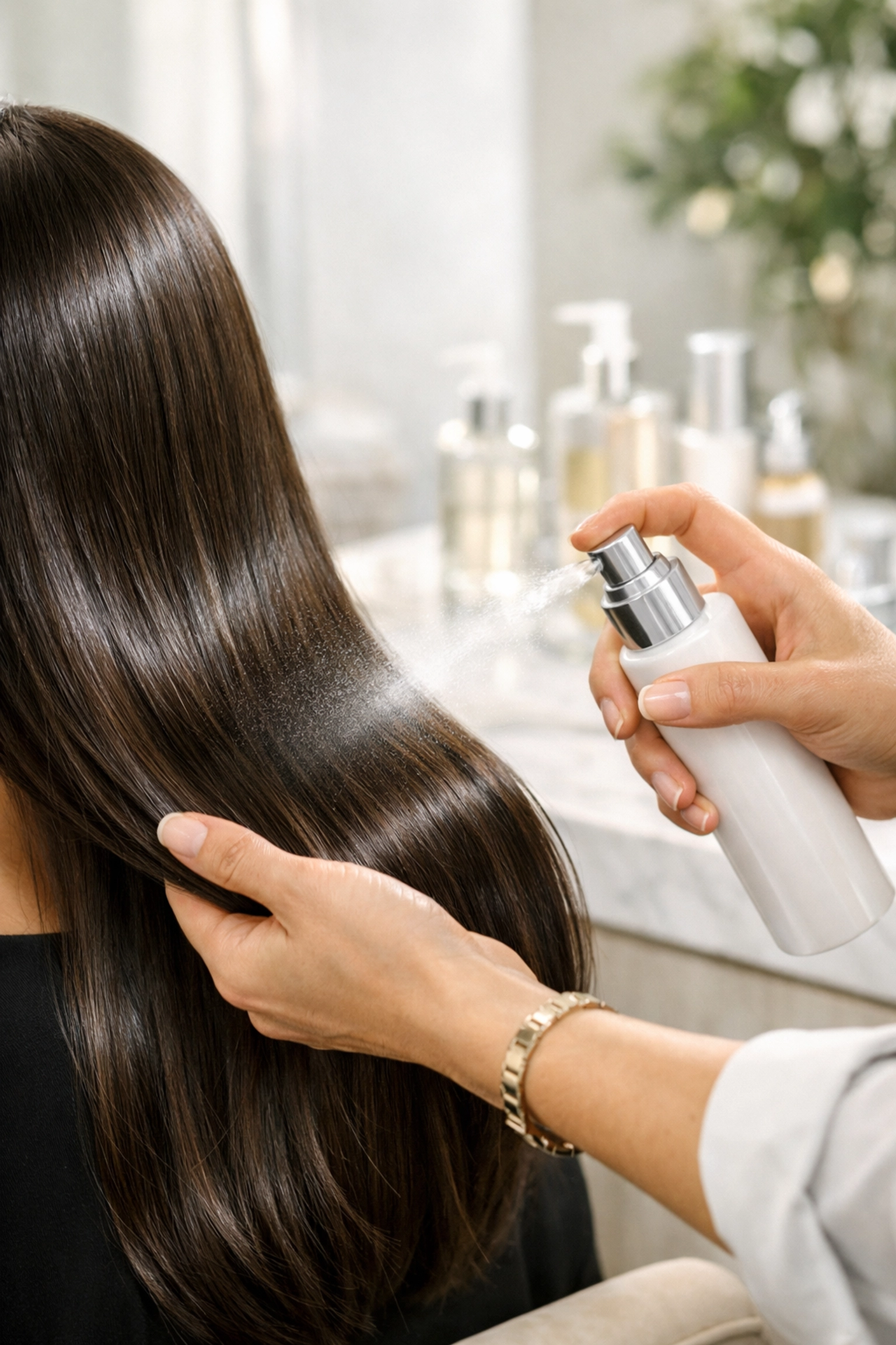 Professional hair stylist applying a glossy hair treatment at The Color Lounge Salon and Spa.