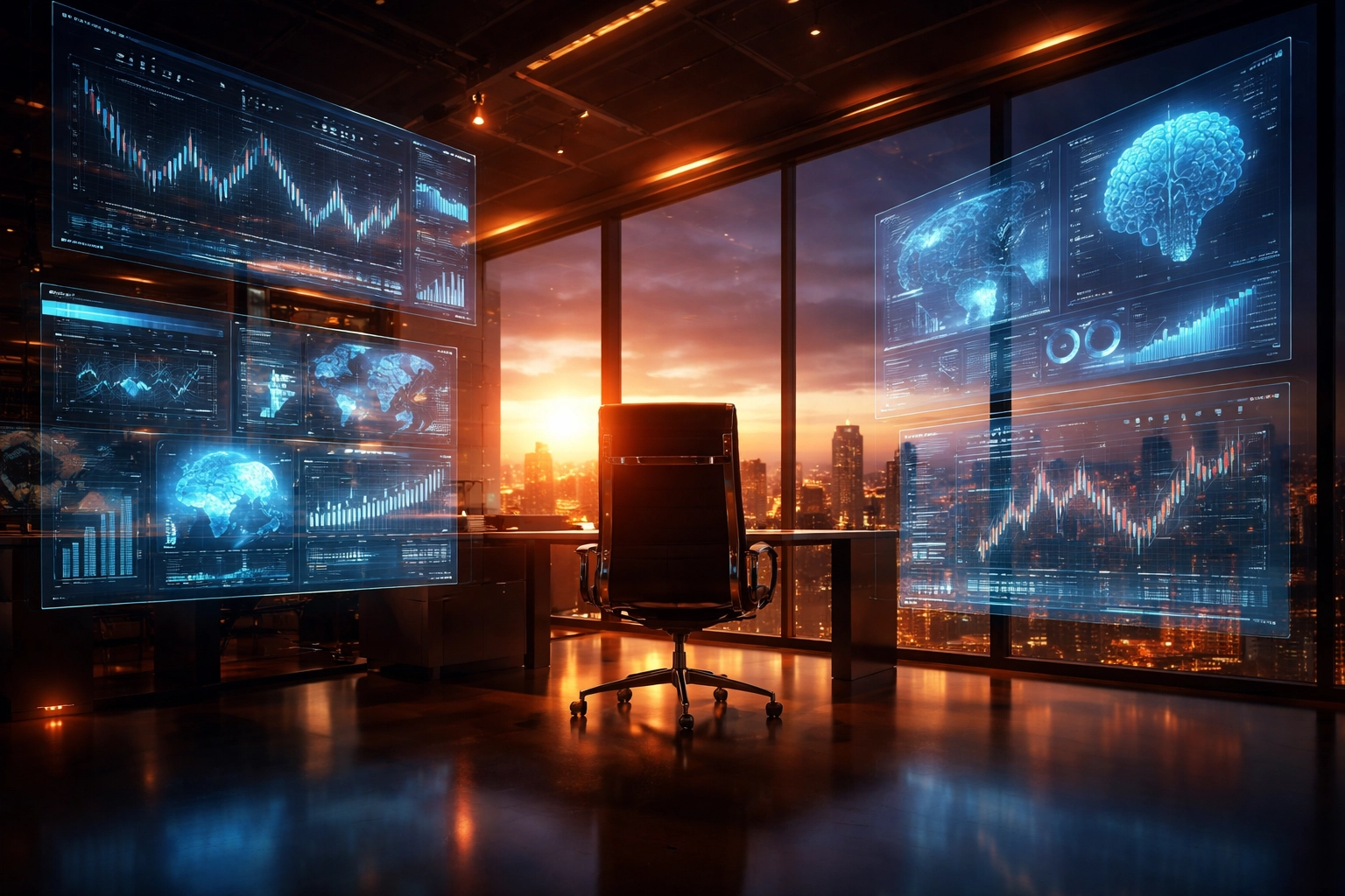 Modern trading floor illuminated with stock charts and AI analytics showcasing institutional equity strategy