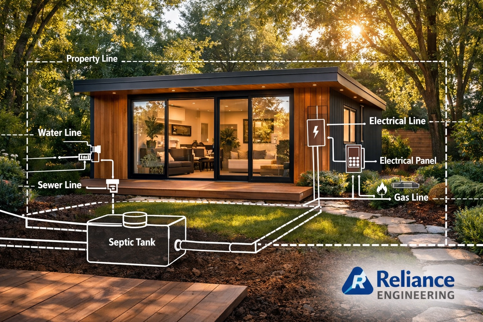 Modern Ontario garden suite with technical overlays showing utility servicing and property boundaries.
