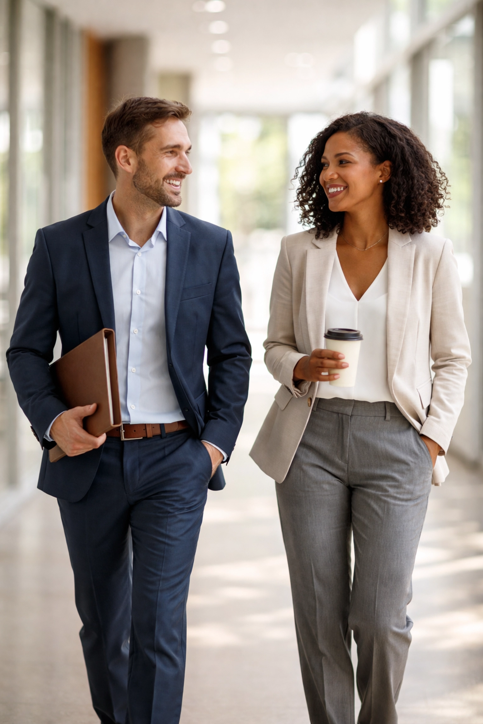 Two business professionals walking and talking after a meeting, highlighting lasting business connections.