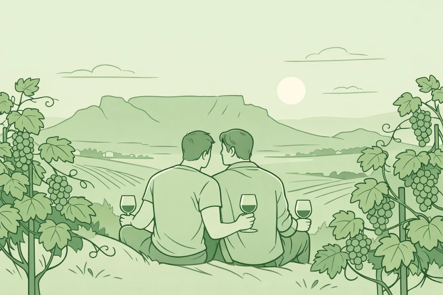 Two men sharing quiet moment in Cape Town vineyard overlooking Table Mountain