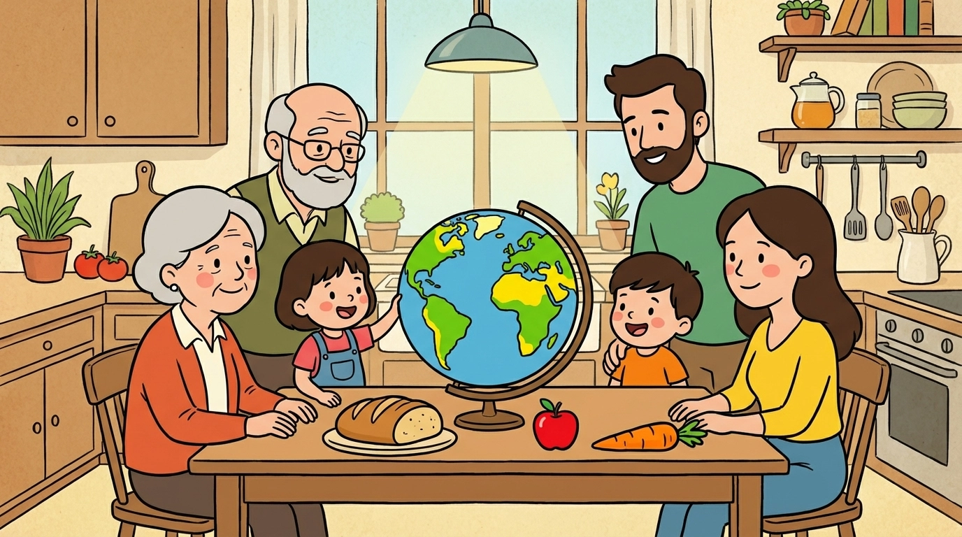A family gathers around a kitchen table exploring a globe and learning about food sources and healthy eating habits.
