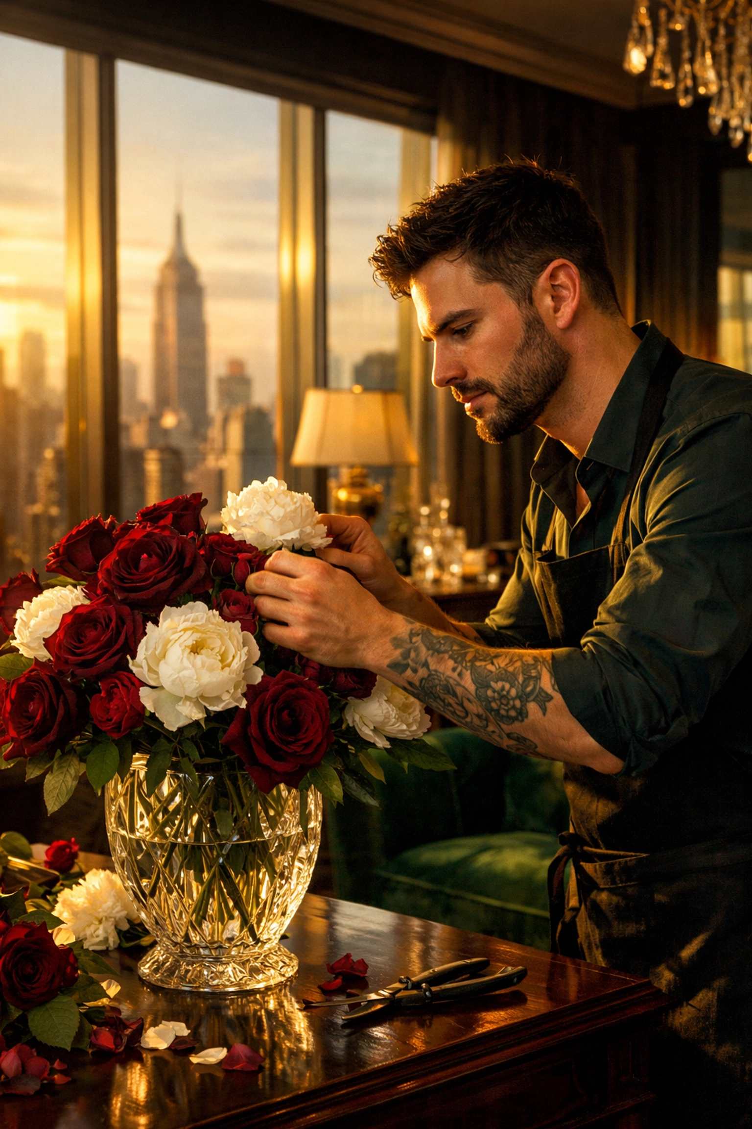 Gay florist arranging roses and peonies in luxury Manhattan penthouse