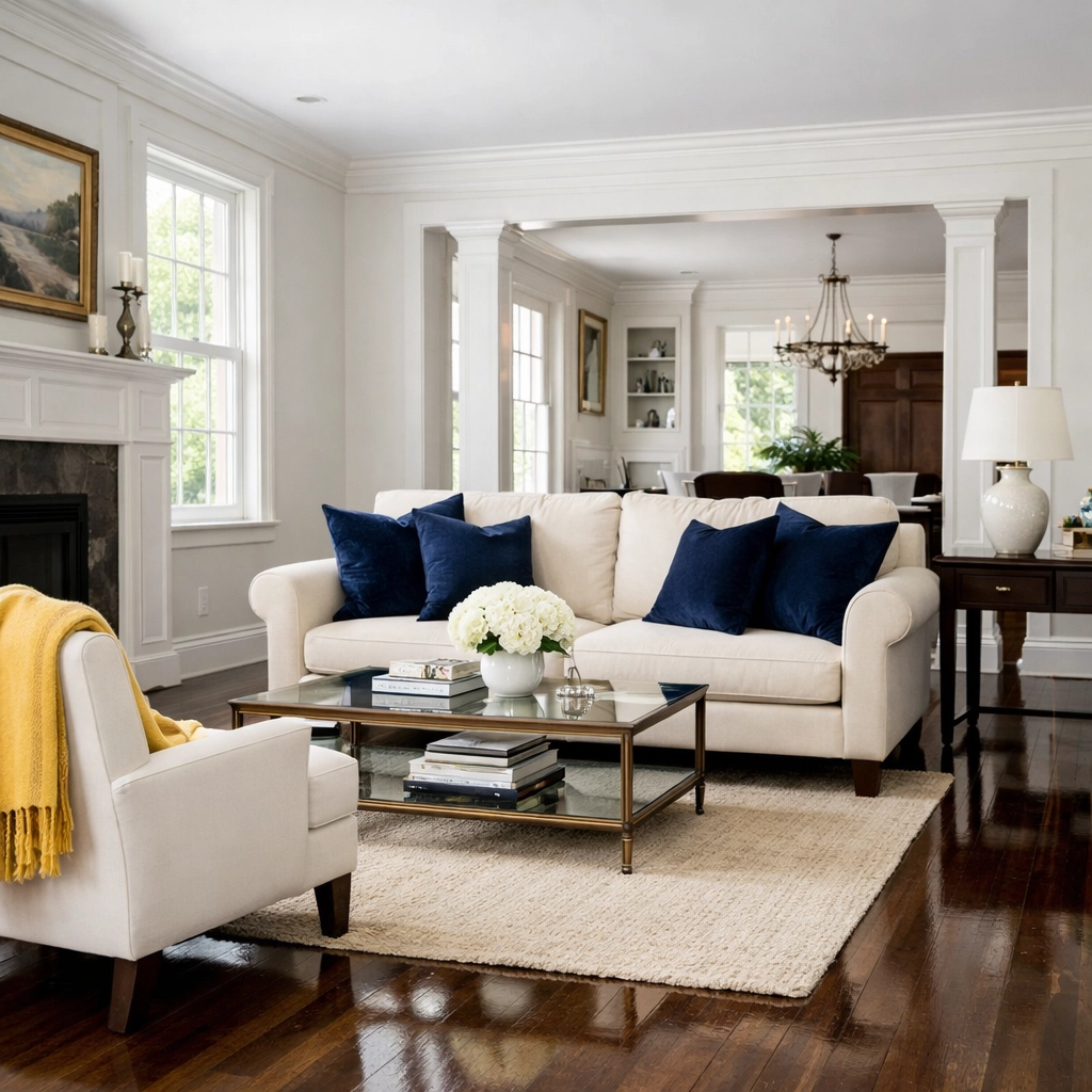 Clean modern living room in Southborough showing the results of professional weekly house cleaning services.