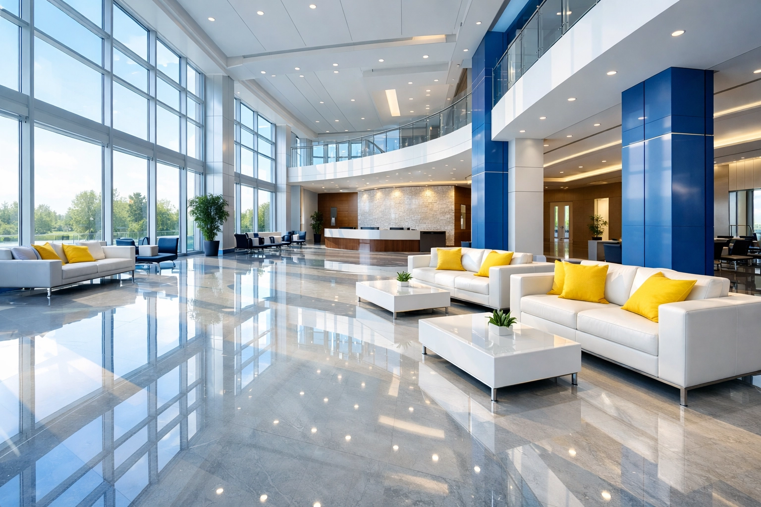Pristine corporate lobby after a professional deep clean, highlighting spotless floors and sanitized interiors.