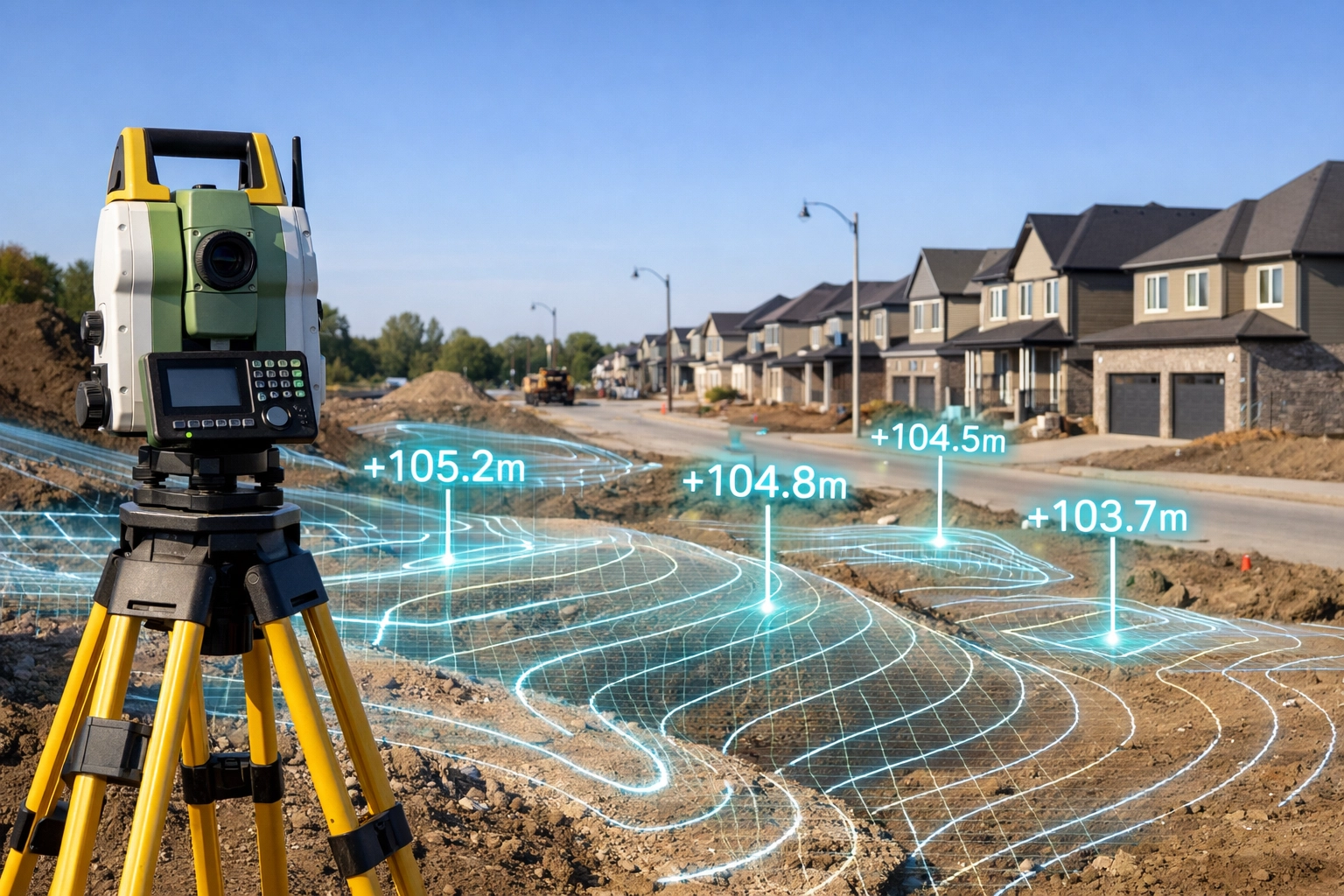 Land surveyor equipment on an Ontario construction site with digital topographical contours for accurate site grading.