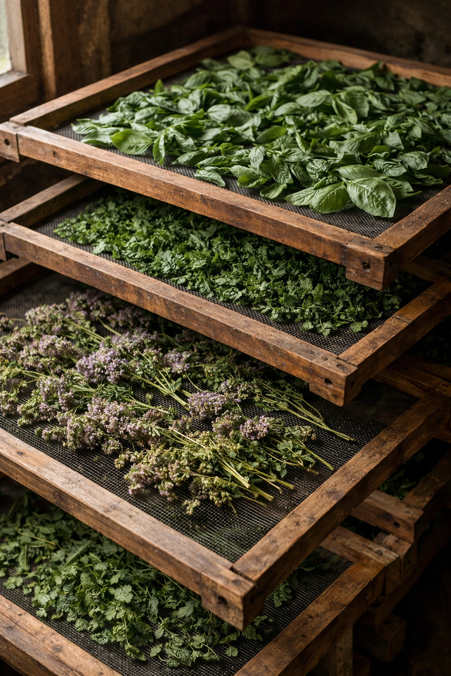 Herbs drying on mesh screens showing proper single-layer arrangement for preservation