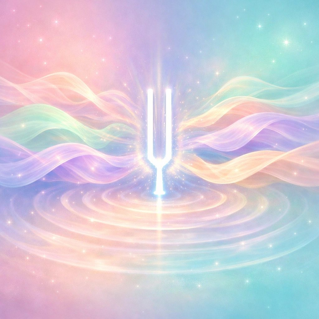 Sound waves and vibrations radiating from tuning fork during frequency therapy