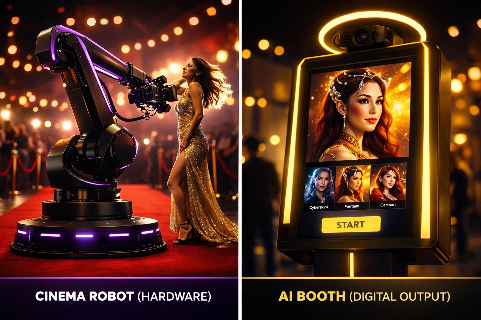 Side-by-side comparison showing Glambot robotic hardware vs AI booth digital interface/output