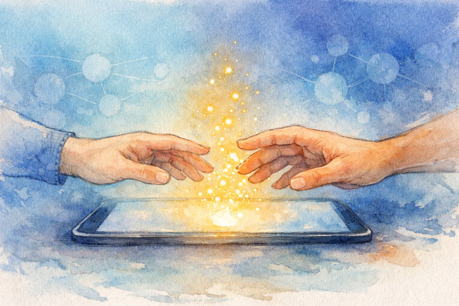 Hands connecting digitally symbolizing Christian community and kingdom purpose online