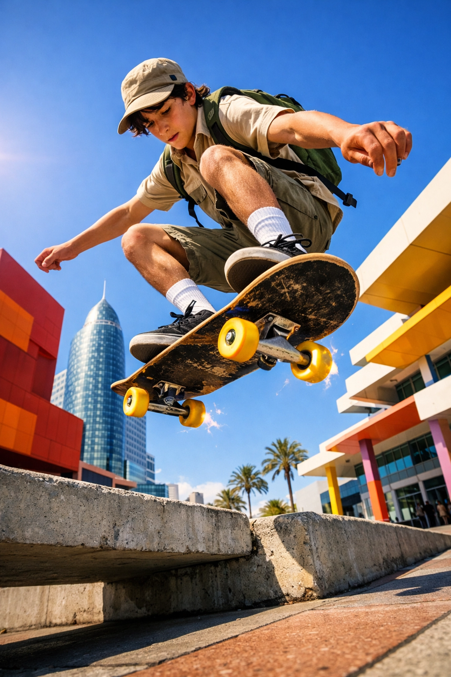 Teenager performing a skateboard trick in an urban plaza, capturing unique travel photo spots.