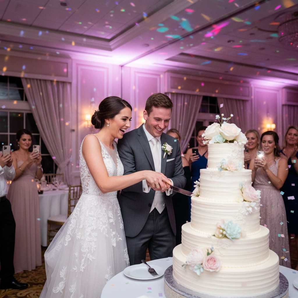 Bride and groom joyfully cut a white tiered wedding cake adorned with flowers. Guests capture the moment amidst colorful confetti in an elegant hall.