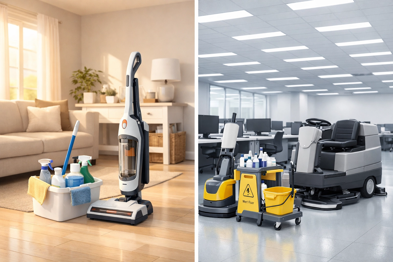 Comparison of residential home cleaning versus commercial office cleaning operations
