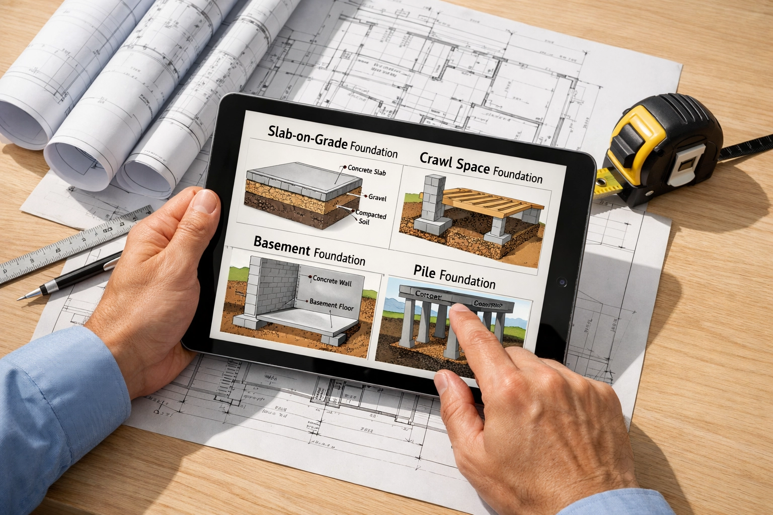 Architect reviewing structural foundation plans and measurements on tablet