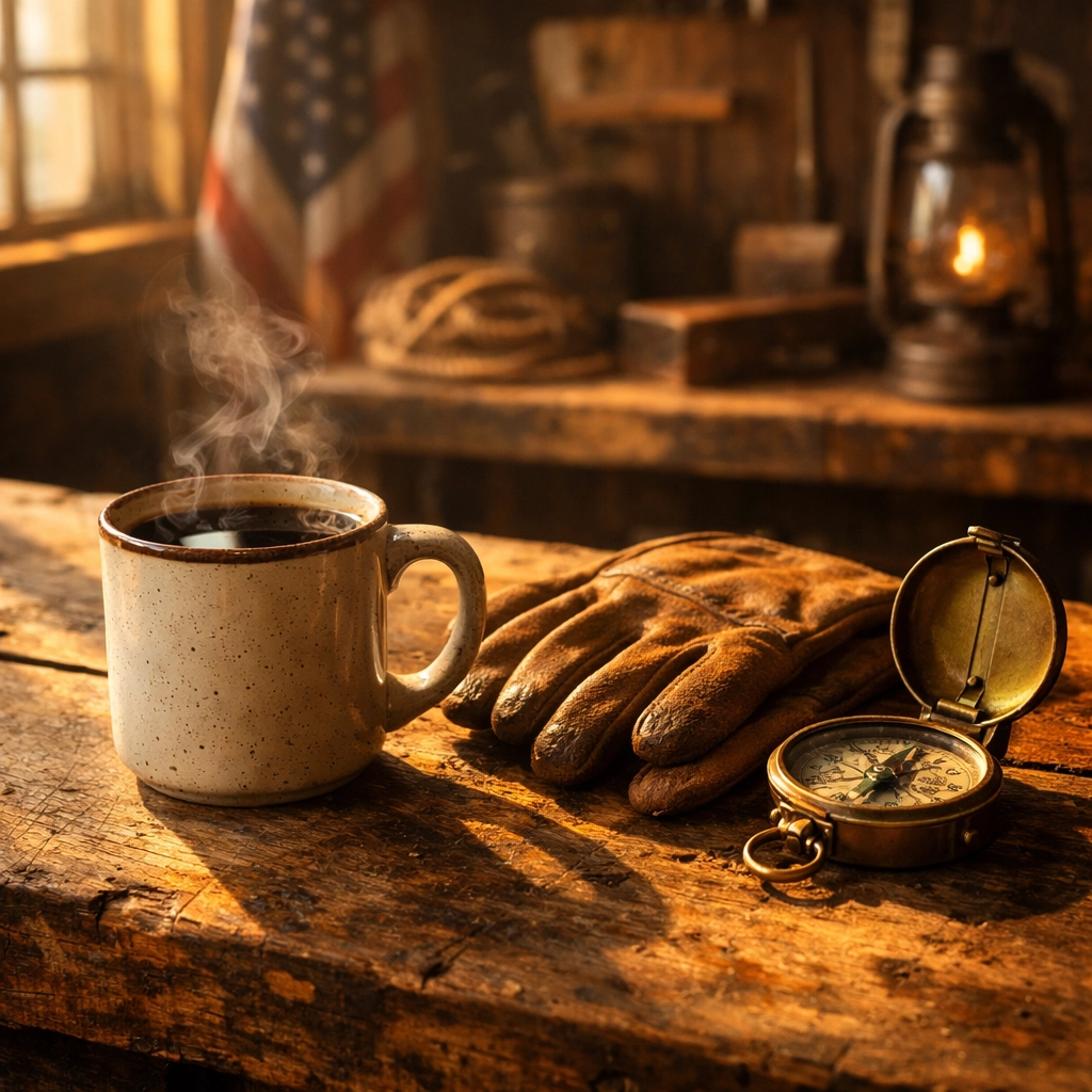 Hot cup of coffee with leather work gloves on a wooden table, representing veteran-owned brand values.