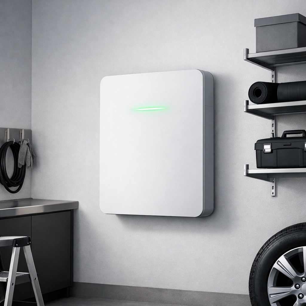 Sleek home energy storage battery mounted on a wall for solar power independence.