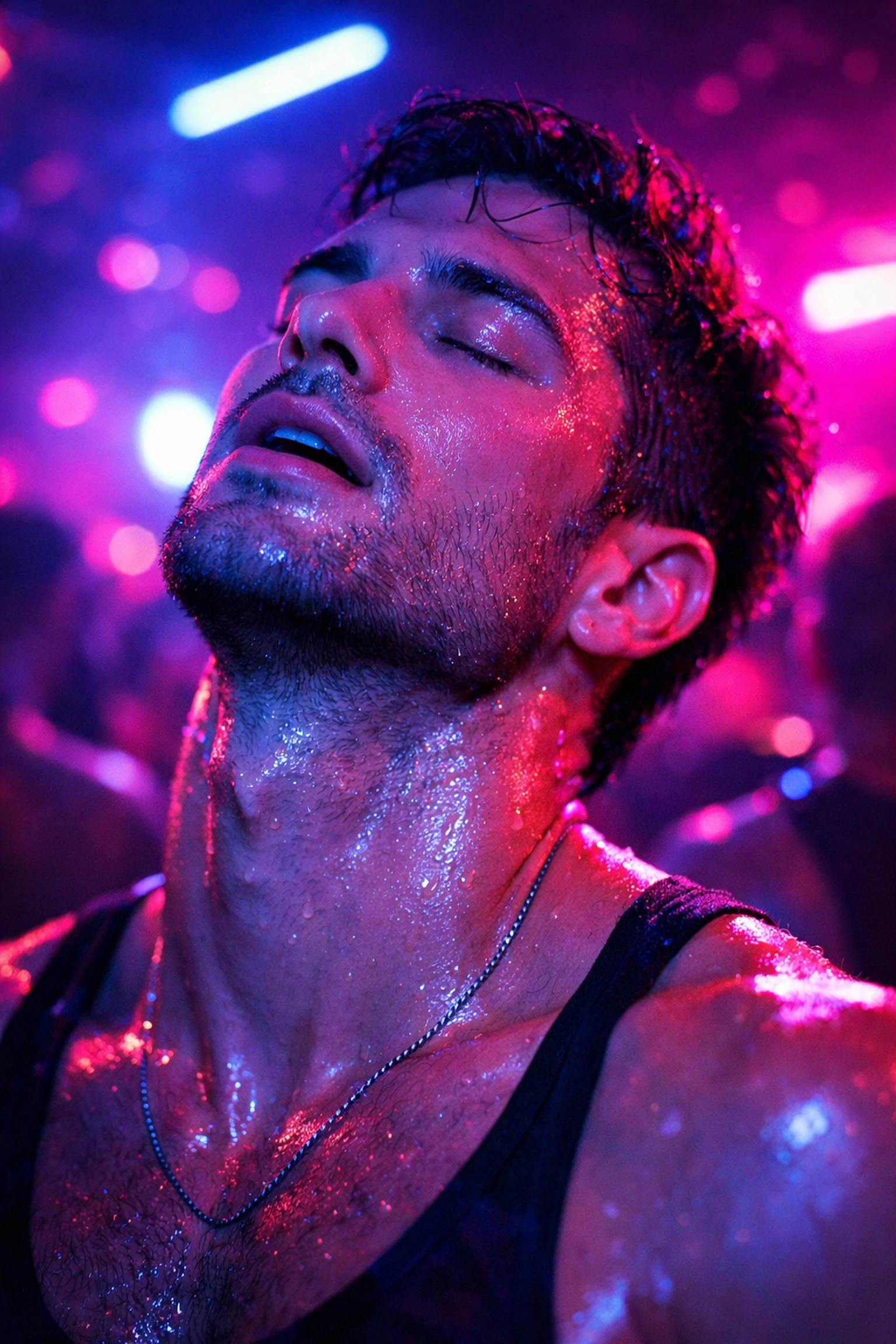 A gay man experiencing euphoria under neon lights, reflecting the intensity of the chem-sex subculture.