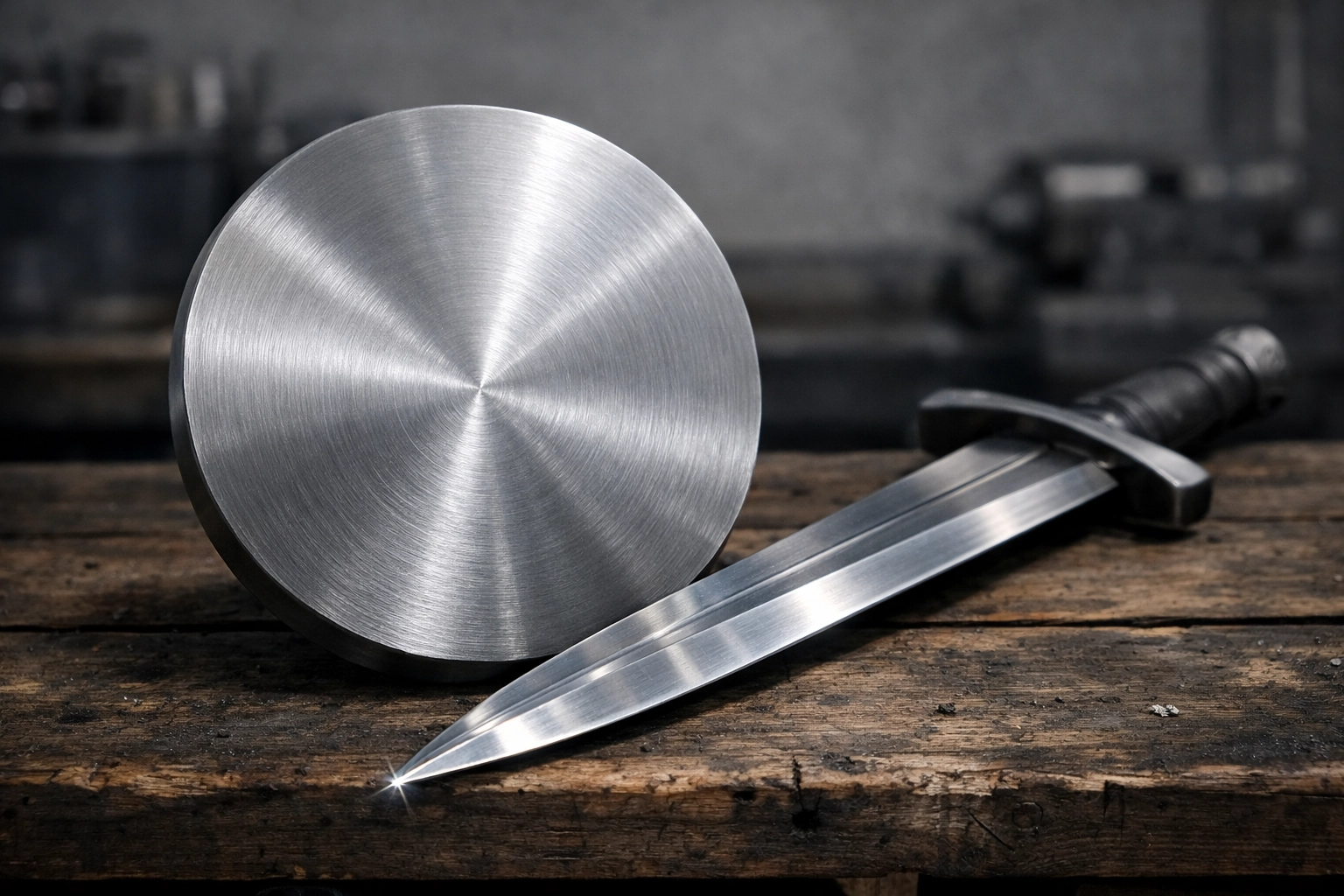 A metal sword and shield on a craftsman's workbench symbolizing growth and protection in family banking strategies.