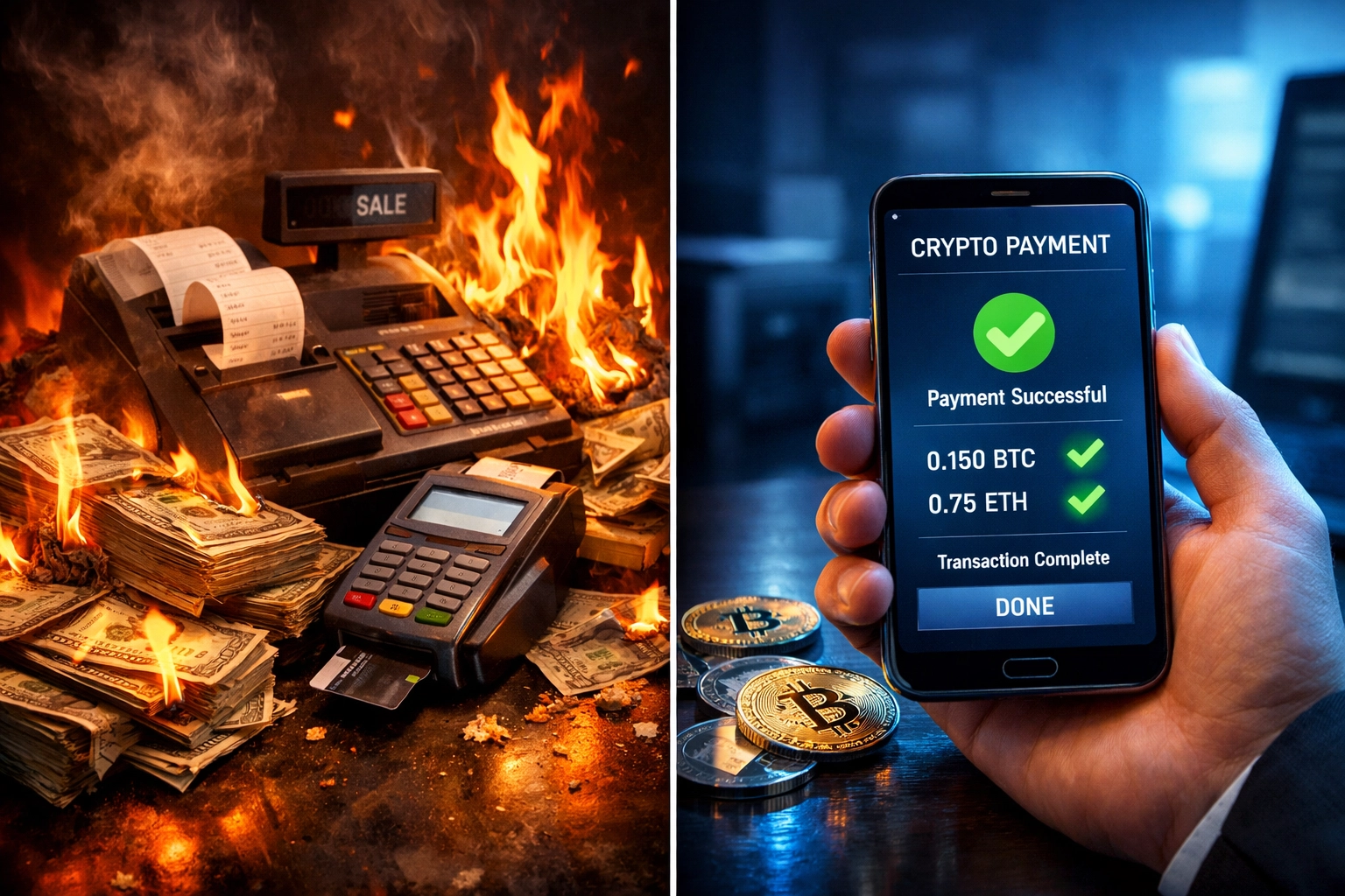 Traditional cash register with fees compared to modern crypto payment interface on smartphone