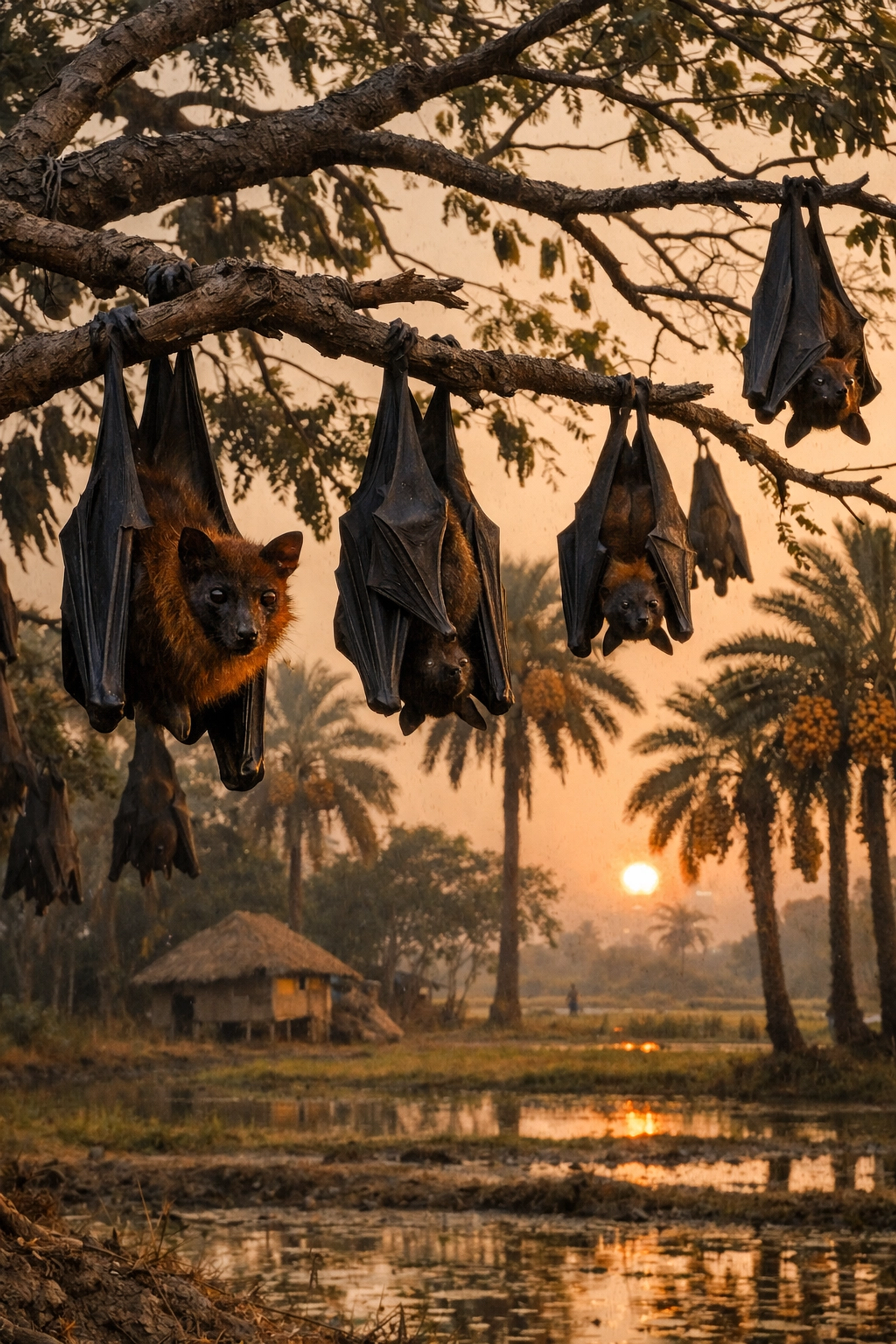 Fruit bats hanging in Bangladesh date palm trees, the natural reservoir for Nipah virus transmission