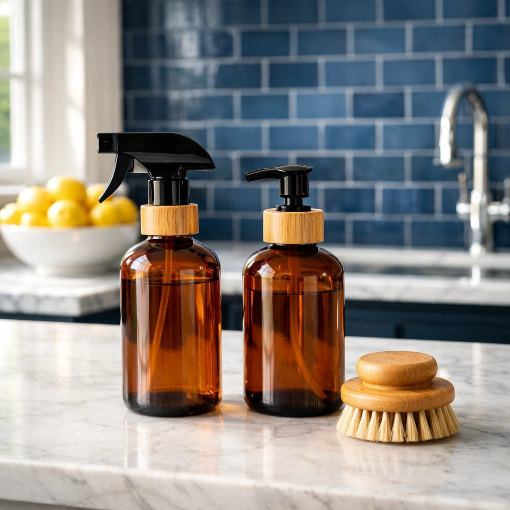 Eco-friendly glass spray bottles on a marble kitchen island, showcasing residential cleaning Massachusetts.