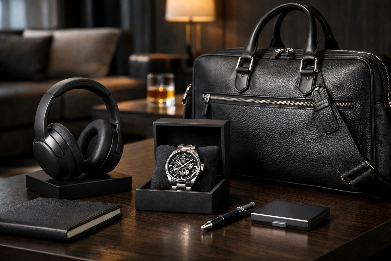 High-end executive gifts including luxury watches and headphones for VIP corporate guests.