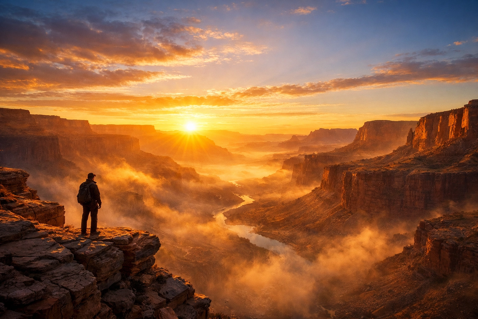 Person looking across a canyon at dawn, illustrating the gap between humanity and God at FA Memphis.