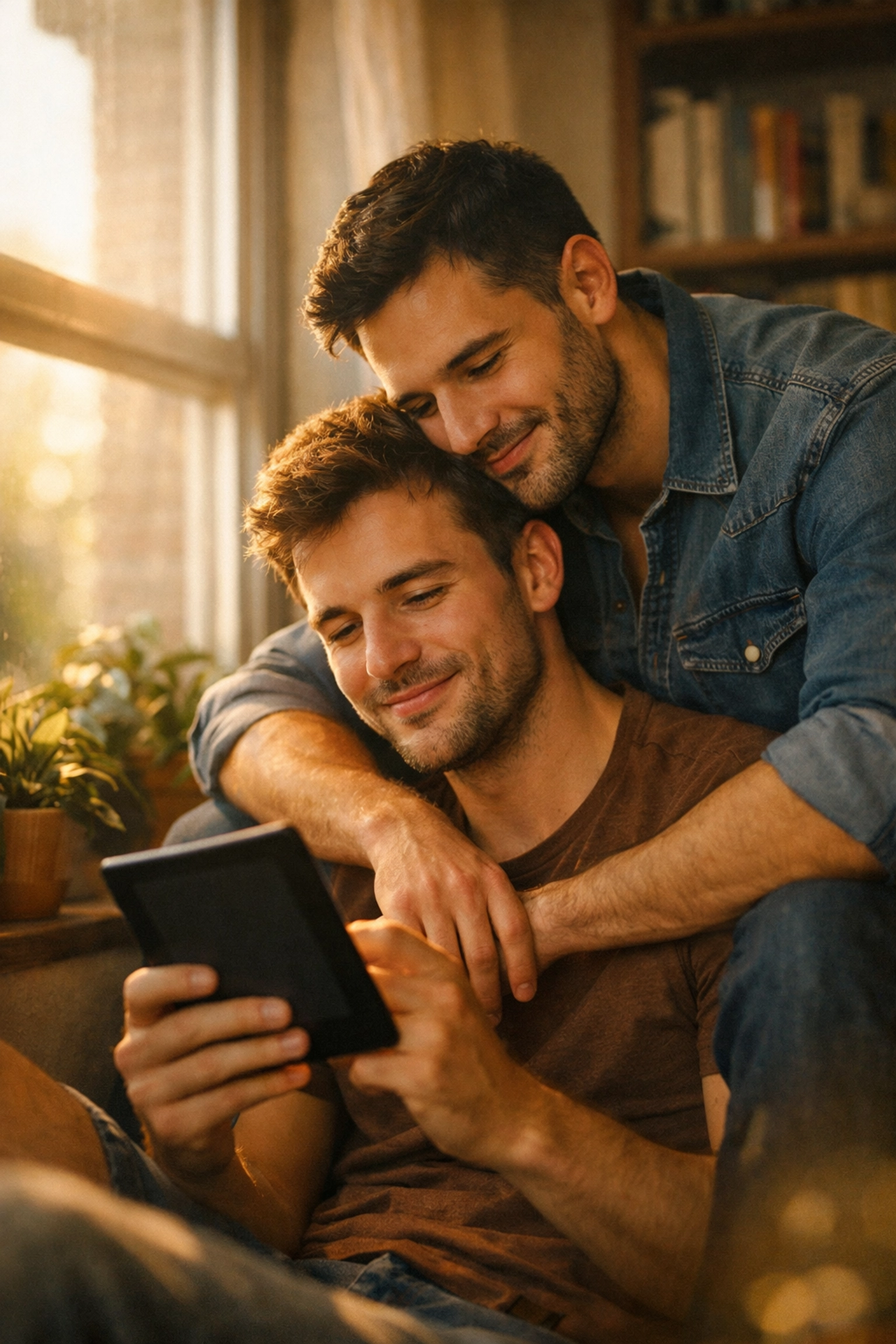 Two men sharing a romantic moment reading MM romance books in a sunlit, cozy home.
