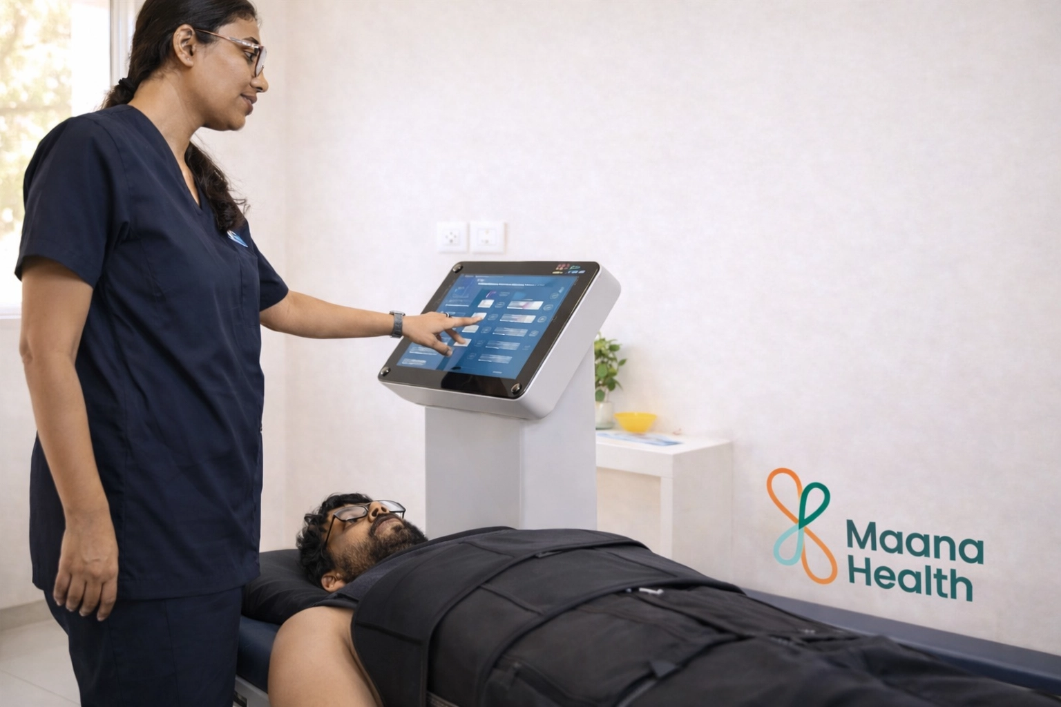 A Maana Health specialist operates the TheraMaster by Shinhwa Medical device for non-surgical spinal decompression therapy. The patient is positioned comfortably on the treatment table, holding safety switches, while the therapist adjusts settings on the digital control panel. This evidence-based procedure targets spinal wellness by relieving chronic back pain and promoting disc healing without surgery.