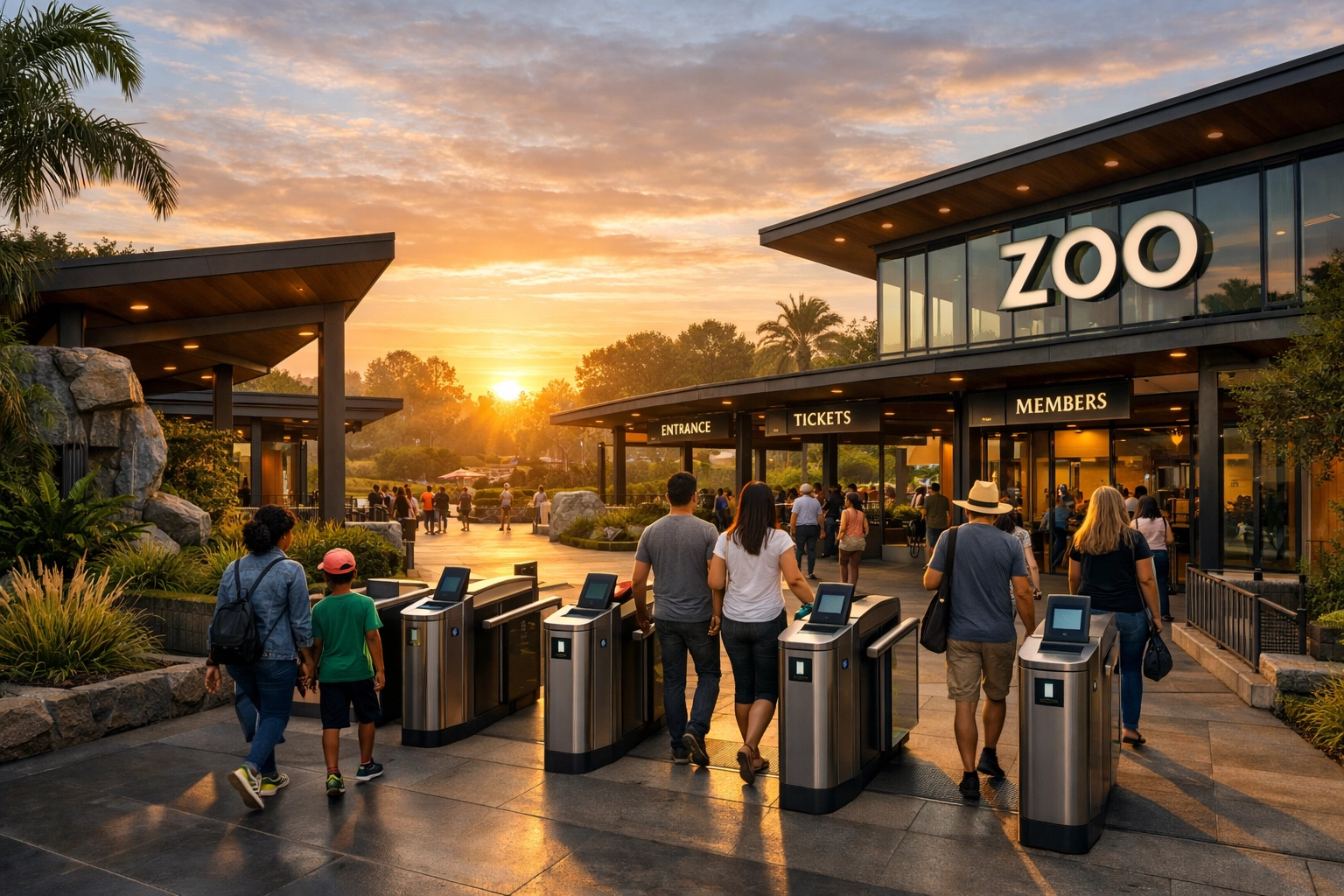 Modern zoo entrance with efficient walkways and smart venue technology for a premium visitor experience.
