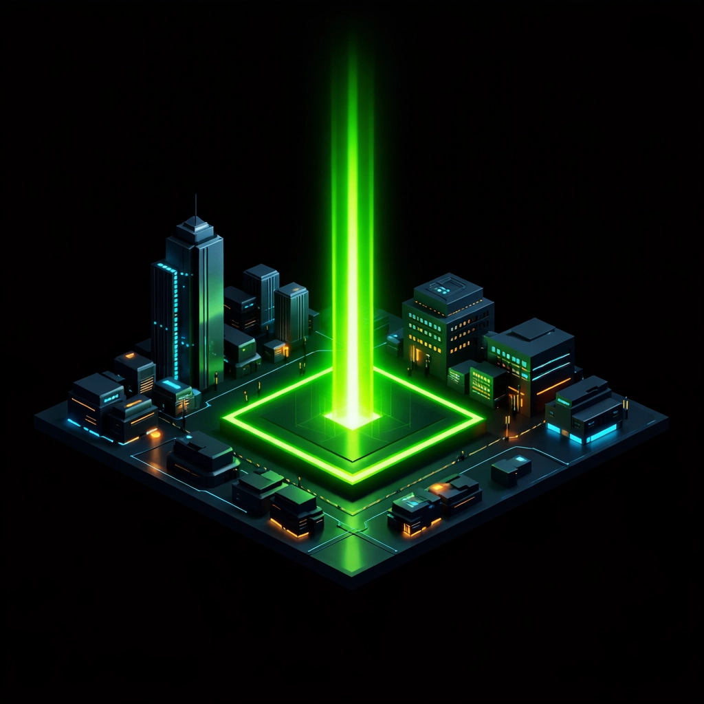 A glowing digital building representing a secured local market lease for home service contractors.