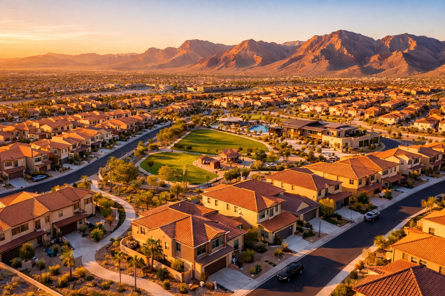 Aerial view of master-planned community in Las Vegas showing modern homes and neighborhood growth