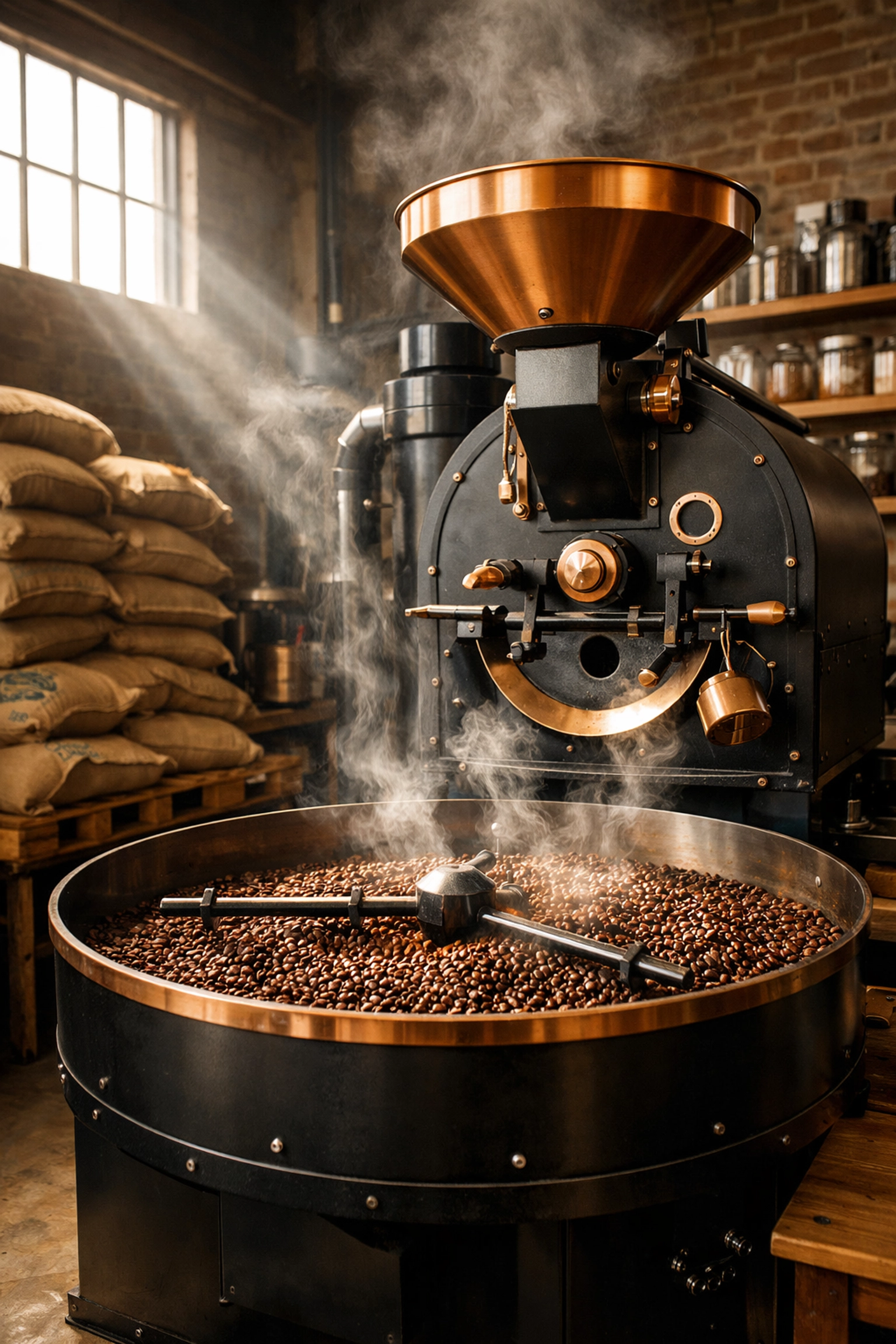 Interior of a modern specialty coffee roastery featuring a professional industrial bean roaster.