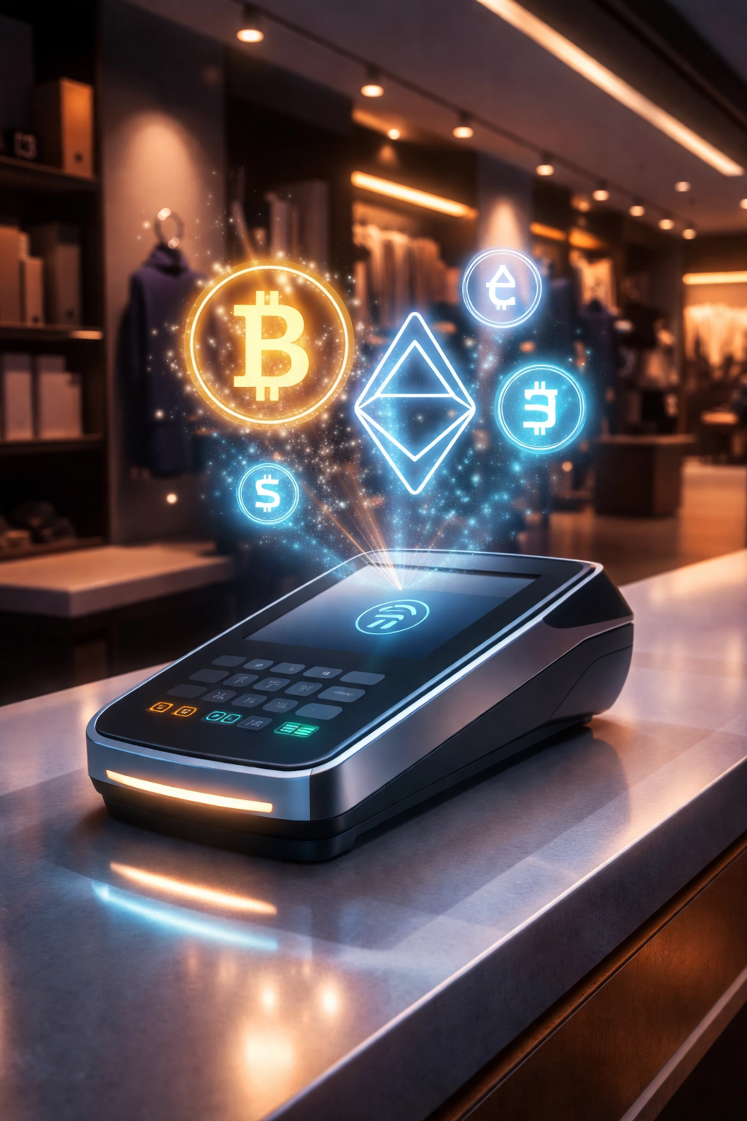 Futuristic crypto POS terminal with digital currency icons in a boutique, showing modern payment solutions for small businesses