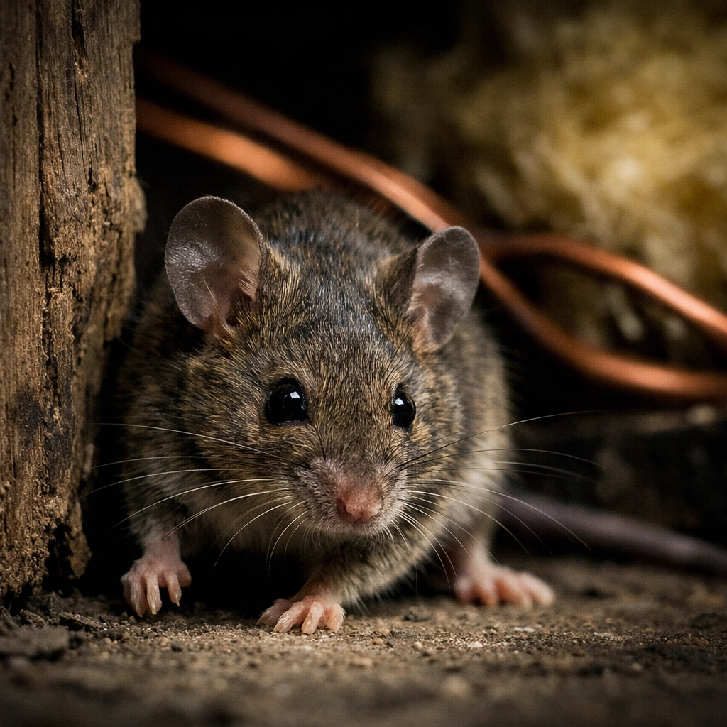 House mouse near damaged wiring inside a Westchester home, illustrating the need for rodent control.