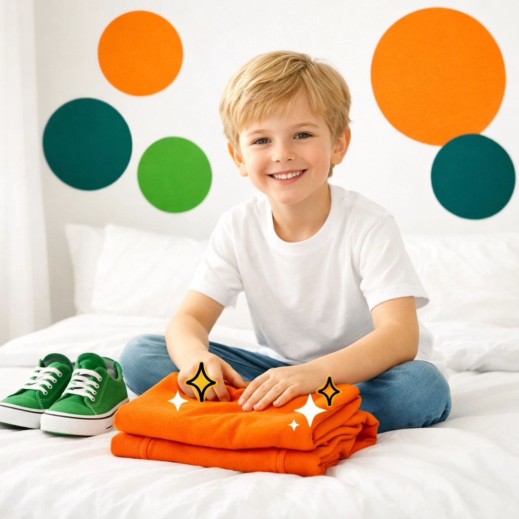 A young boy neatly folding his clothes to prepare for school, practicing essential morning life skills.