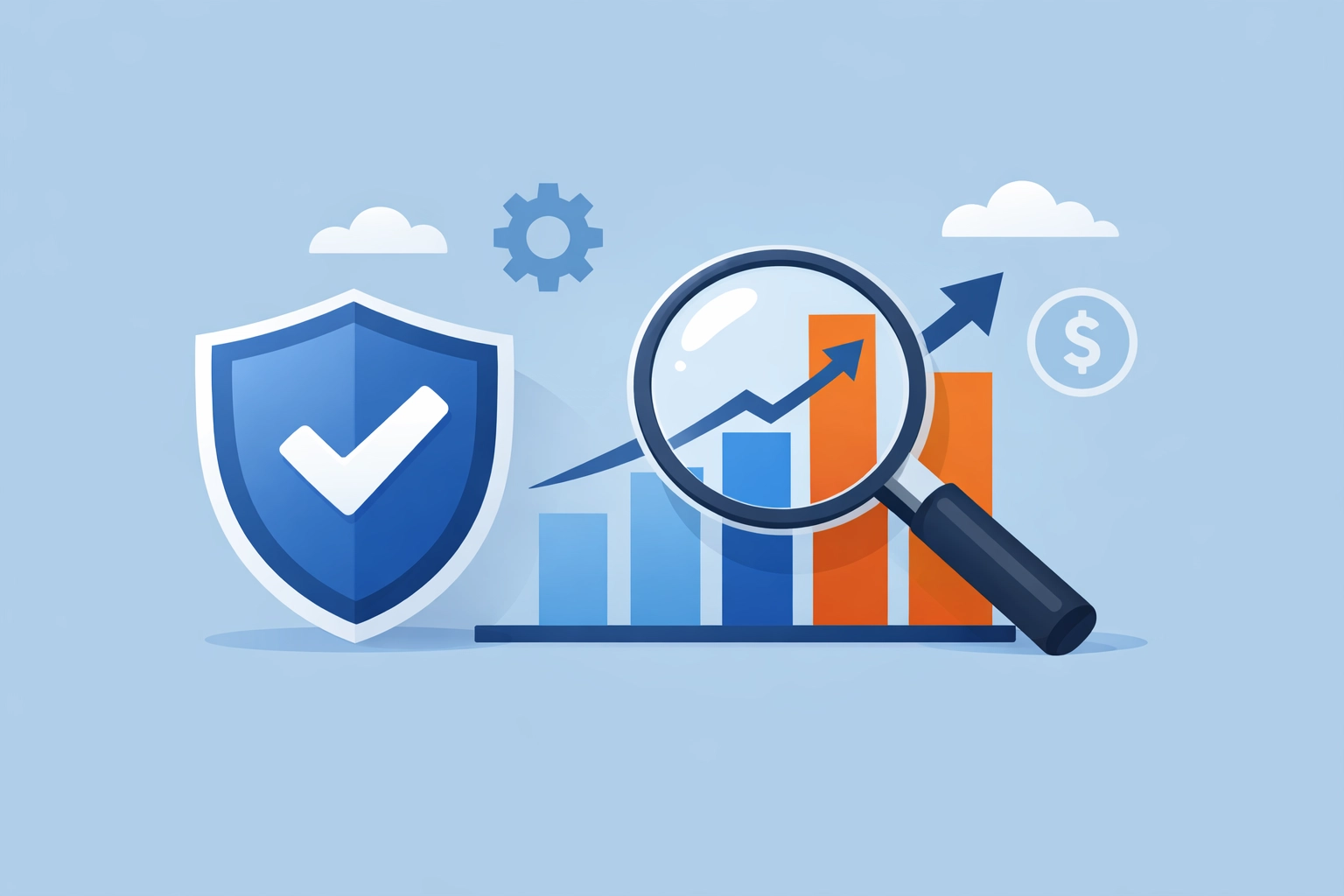 Lupa y escudo sobre gráfica ascendente para la reparación de crédito efectiva.
